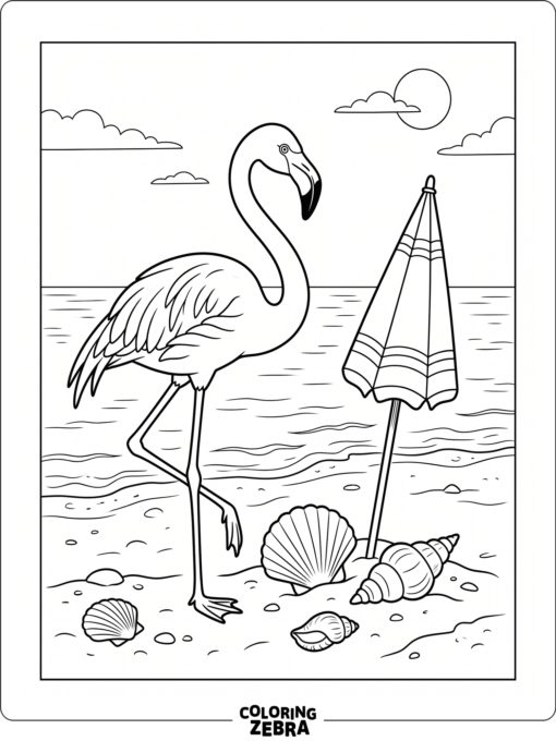 A flamingo near an umbrella and seashells