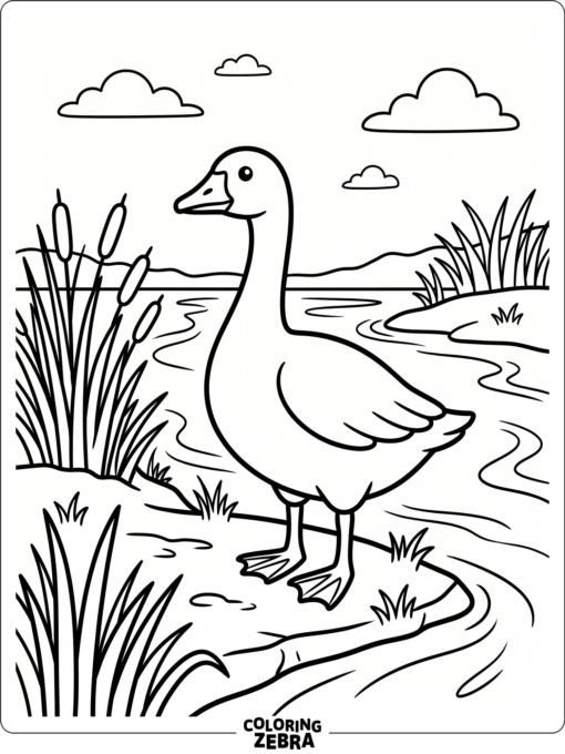 A goose stands on a riverbank with tall grass