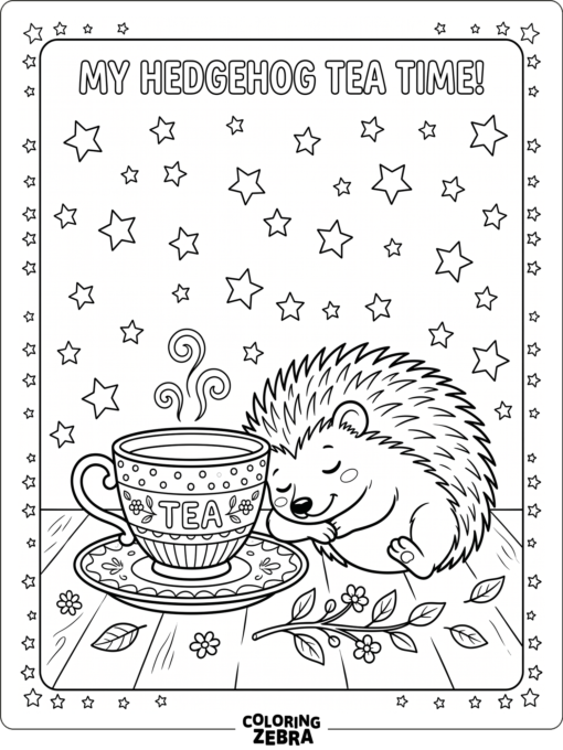 A hedgehog beside a teacup and stars