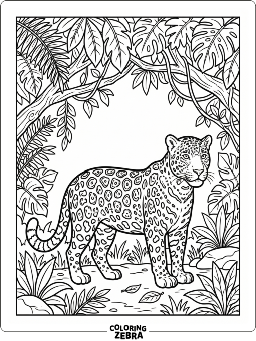 A jaguar standing under rainforest leaves