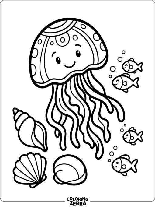 A printable jellyfish beside shells and tiny fish