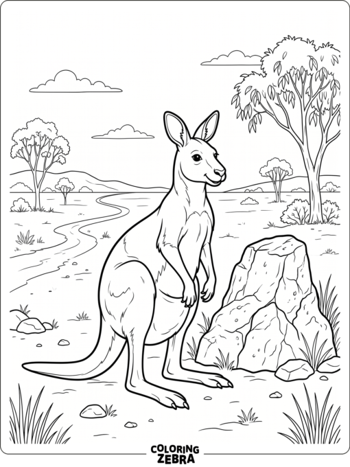 A kangaroo sitting near a rock in a simple scene