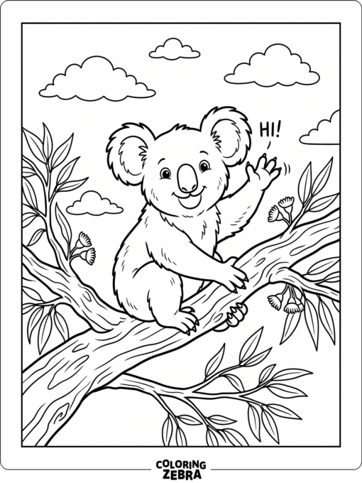 A happy koala waving from a tree branch