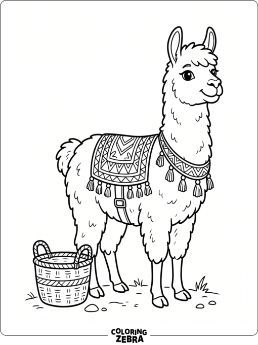 A llama with a blanket saddle and basket