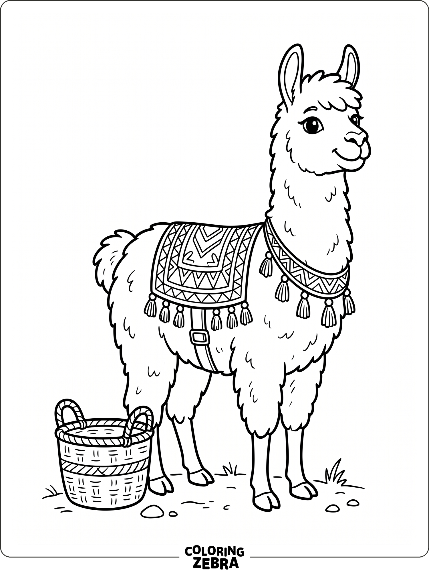 A llama with a blanket saddle and basket