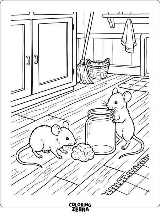 Two mice exploring a kitchen floor