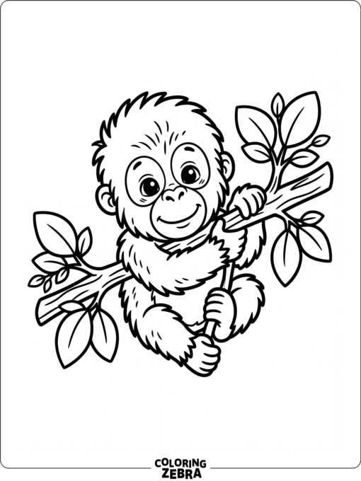 A cute baby orangutan hugging a small branch