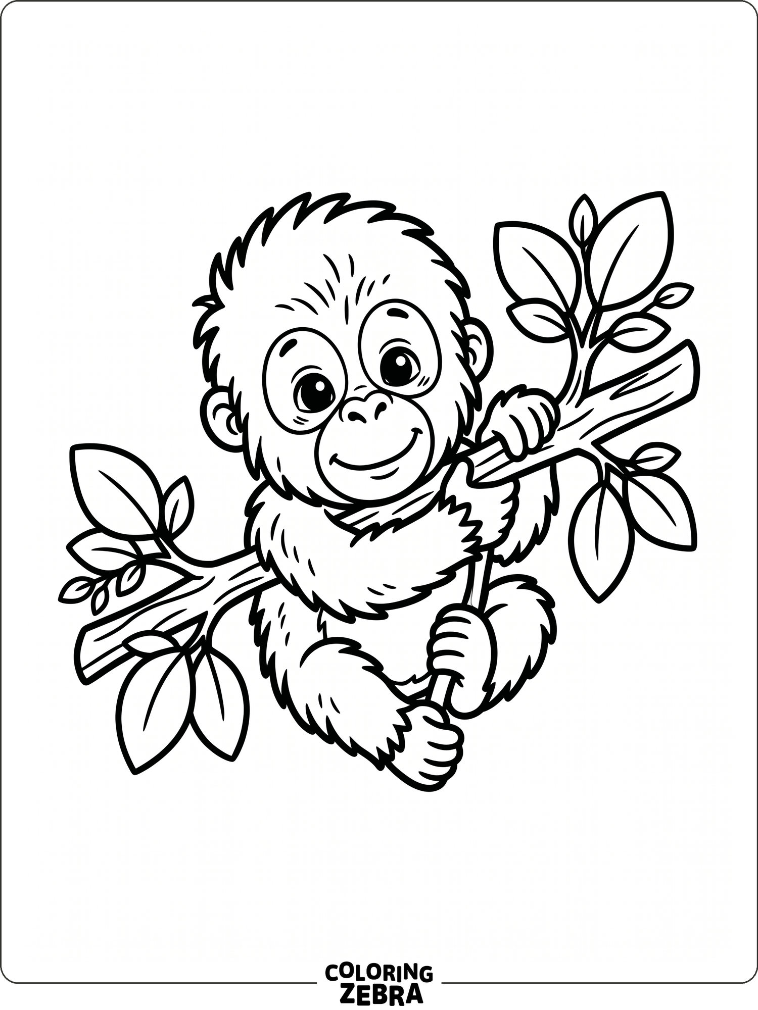 A cute baby orangutan hugging a small branch