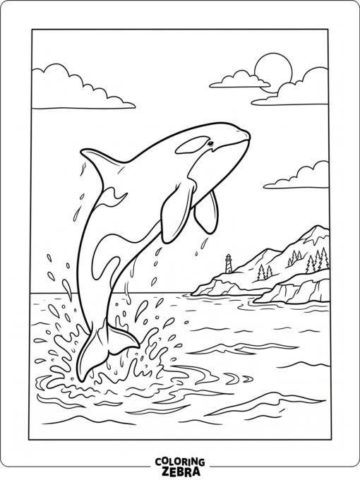 A breaching orca near a small island