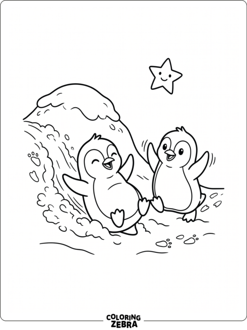 Two penguins near a snowdrift and star
