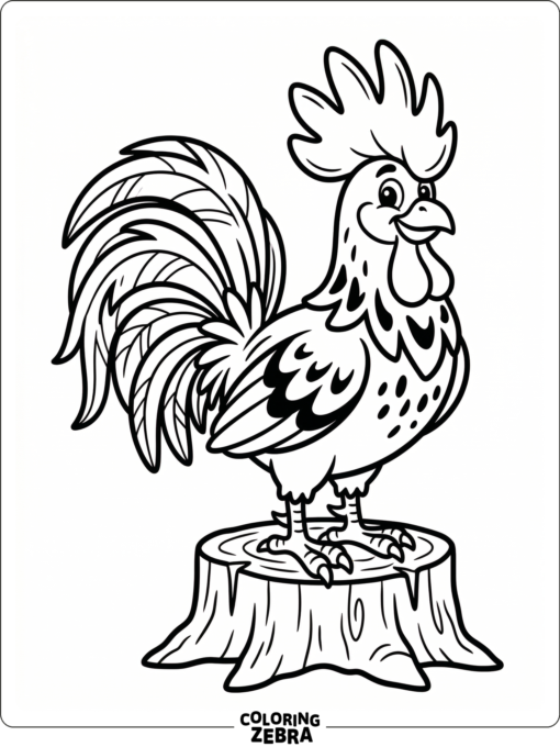 A cartoon rooster balances on a stump with bold outlines and open spaces.