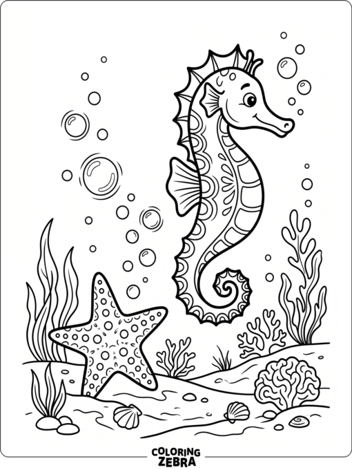 A seahorse swimming past a starfish