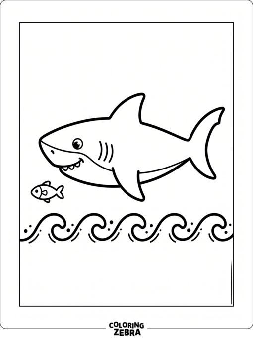 A simple shark outline with waves and a small fish