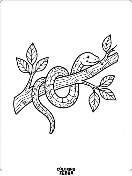 A printable snake outline with a branch and a few leaves