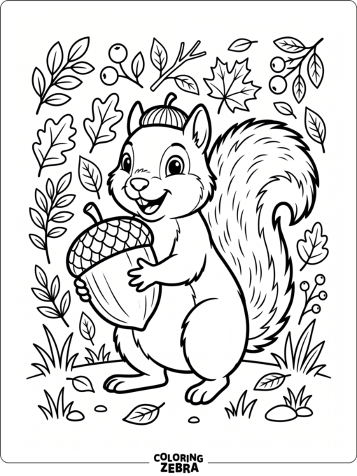 A happy squirrel holds a big acorn