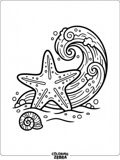 A free printable starfish with a wave and shell