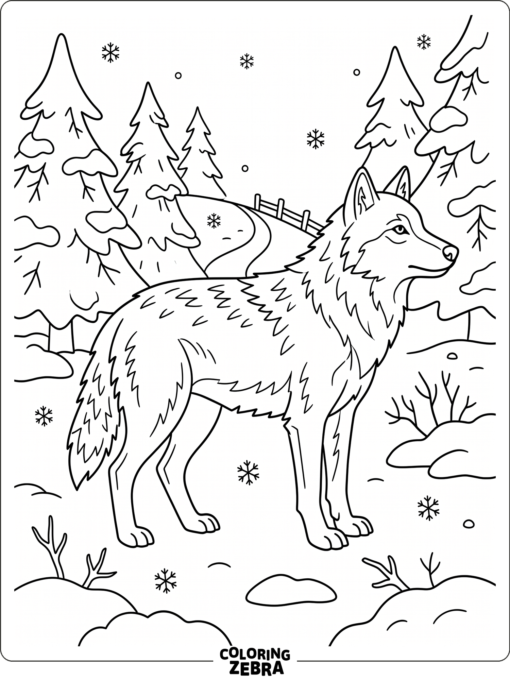 A printable wolf in a snowy forest