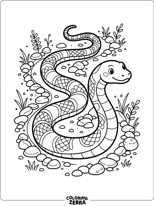 A curved snake with small pebbles and a plain background