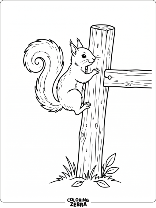A squirrel climbs a fence post