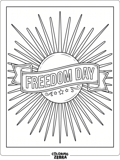 Freedom Day text with a ribbon and sunburst