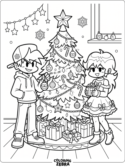 Christmas Friday Night Funkin characters by a tree