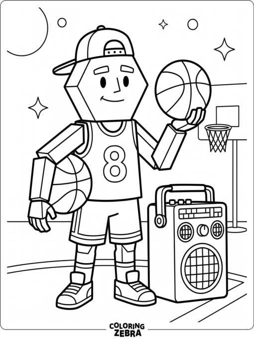 Hex robot holding a basketball near speakers
