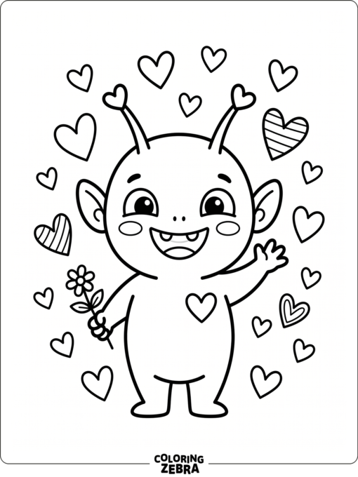 A smiling friendly alien with a flower