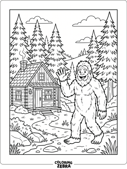 A friendly Bigfoot waving by a cabin