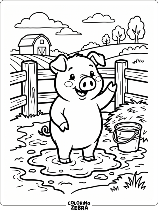 A pig stands in a simple farm pen beside a bucket