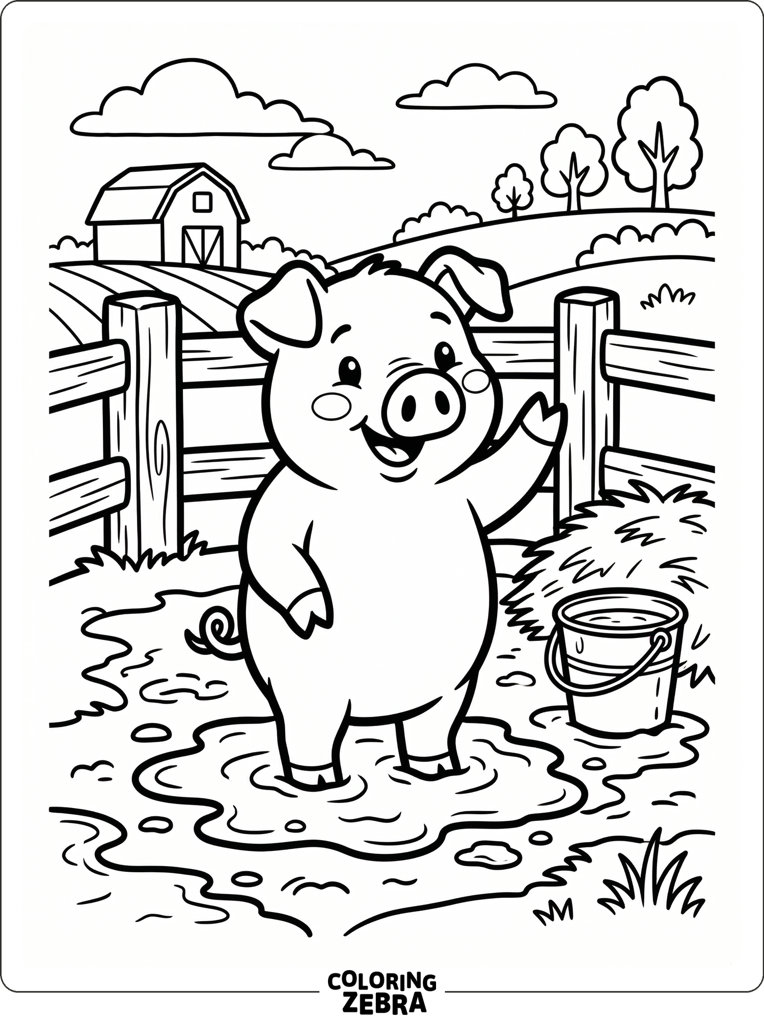 A pig stands in a simple farm pen beside a bucket