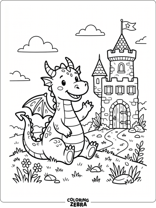 A friendly dragon sitting by a tiny castle