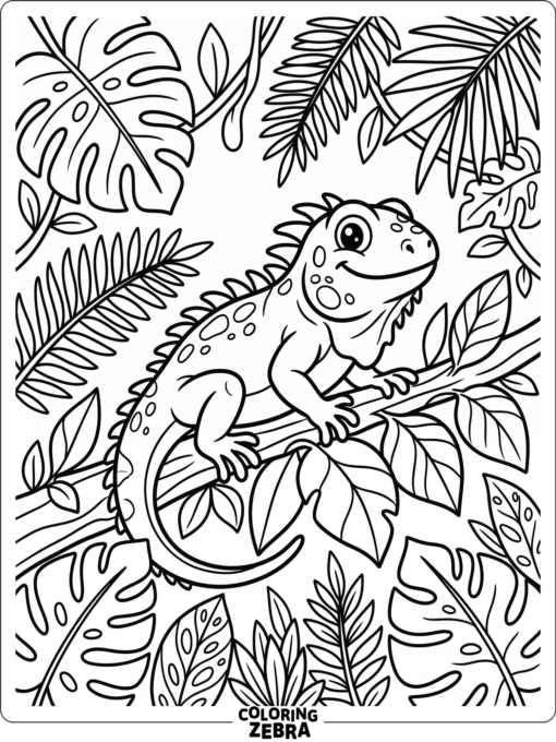 A friendly iguana with big eyes among jungle leaves