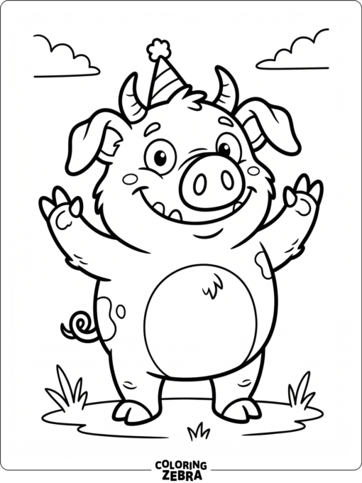 A monster pig with horns and a grin