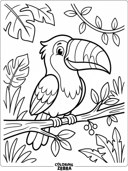 A cartoon toucan with an oversized beak and tiny feet