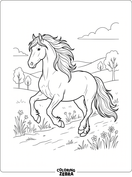 A Friesian horse prances in an open field