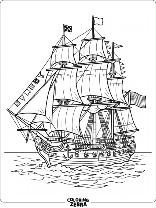 A frigate ship with flags, a neat bow, and open water