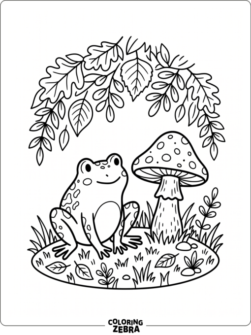 A frog sitting beside a mushroom under leafy plants