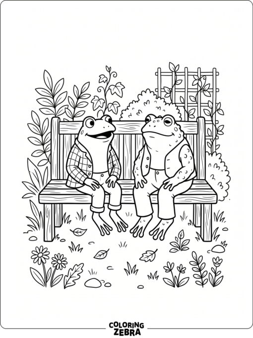 A frog and toad sitting together on a garden bench