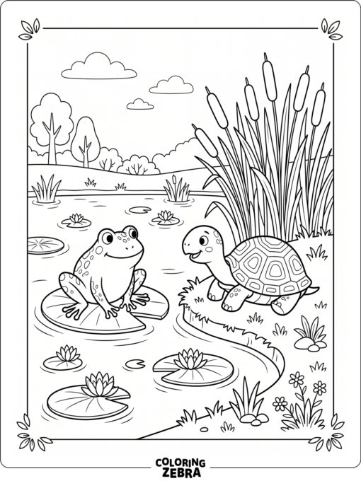 A frog and turtle sitting together by a pond