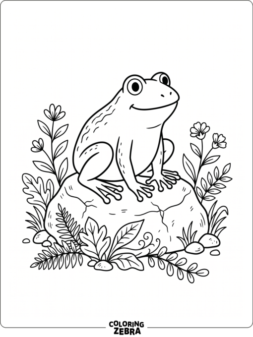 A frog on a stone with decorative plants