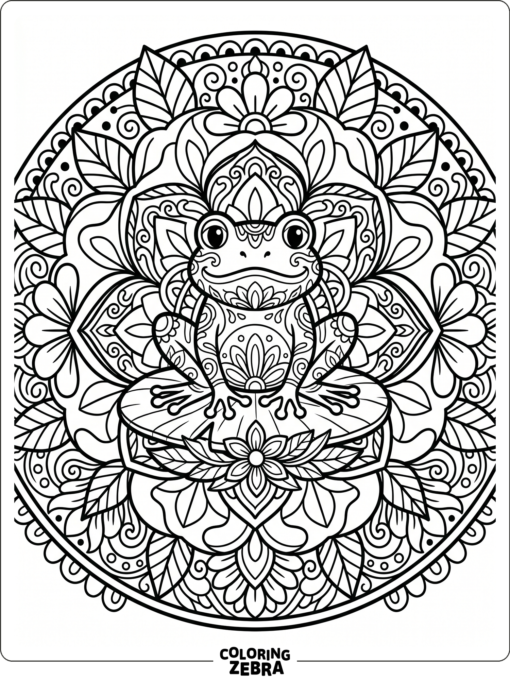 A frog surrounded by floral mandala patterns