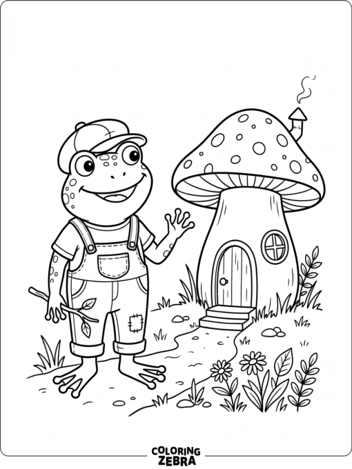 A frog in a cap standing by a mushroom house