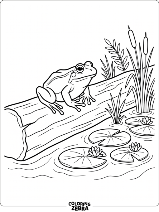 A frog resting on a log with lily pads nearby