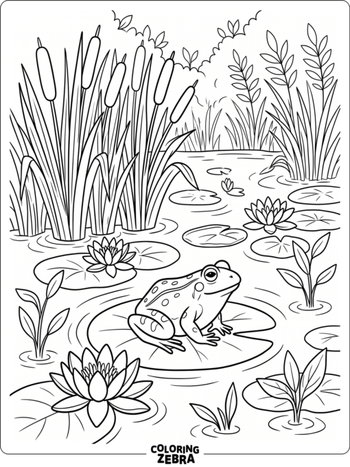 A frog pond with lilies, cattails, and one resting frog