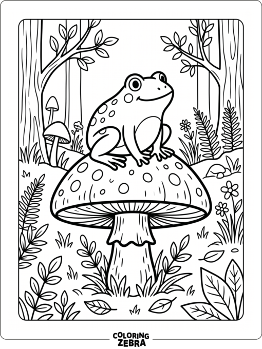 A frog sitting on a mushroom in a forest clearing