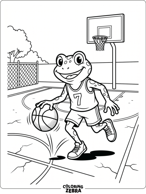 A frog dribbling a basketball on a court
