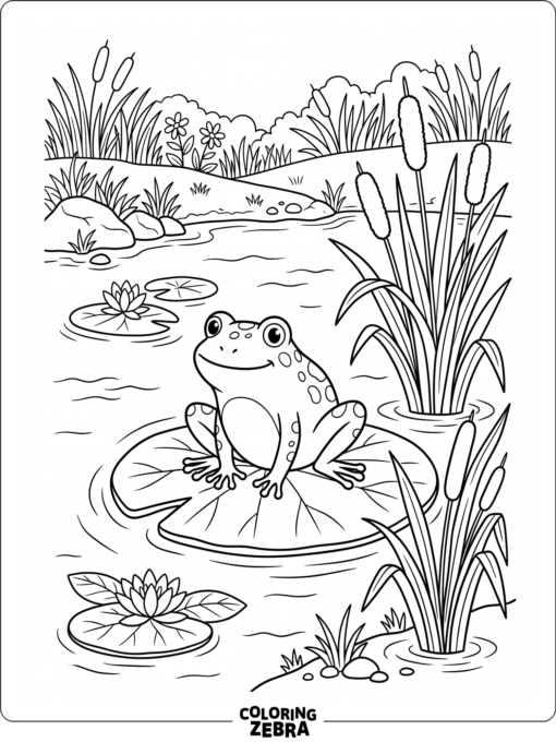A frog resting on a lily pad by pond reeds