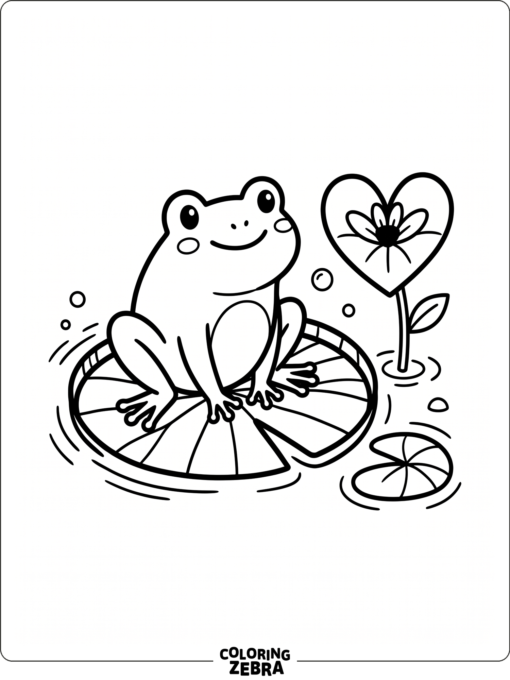 A frog on a lily pad with a heart flower