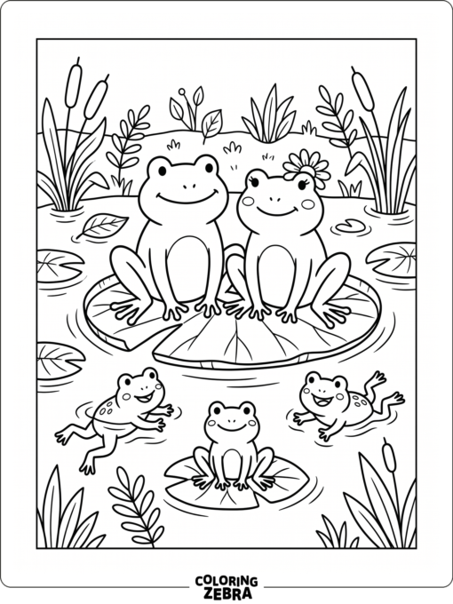A frog family with three little frogs in a pond
