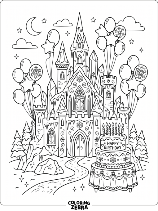 An icy castle with balloons and a birthday cake
